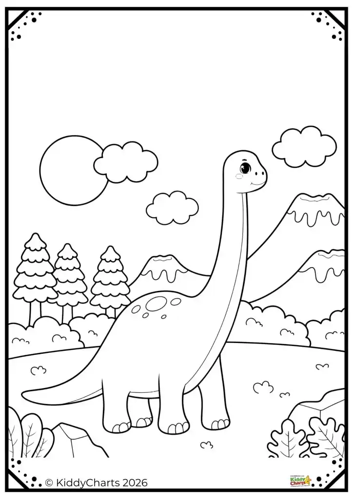 A cute dinosaur stands amidst mountains and trees in a whimsical landscape, with clouds and the sun in the background.