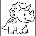 Cute, cartoon-style line drawing of a smiling triceratops. Simplified features include horns, frill, and spots. Ideal for coloring activities and children's art.