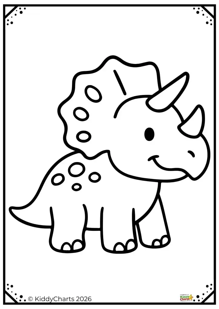 Cute, cartoon-style line drawing of a smiling triceratops. Simplified features include horns, frill, and spots. Ideal for coloring activities and children's art.