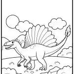 A cheerful dinosaur with a sail-like back walks in a simple nature scene with clouds, hills, and a sun in the background.