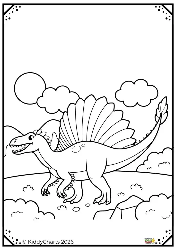 A cheerful dinosaur with a sail-like back walks in a simple nature scene with clouds, hills, and a sun in the background.