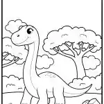 A cheerful cartoon dinosaur stands in a forested area with trees and rocks, surrounded by clouds and outlined in black and white.