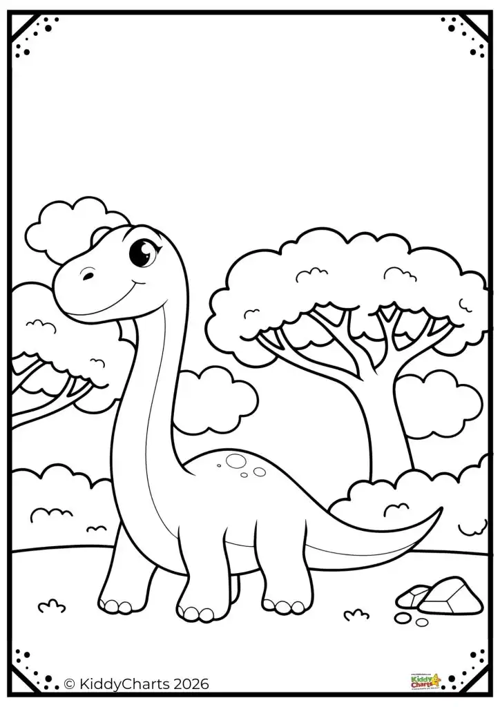 A cheerful cartoon dinosaur stands in a forested area with trees and rocks, surrounded by clouds and outlined in black and white.