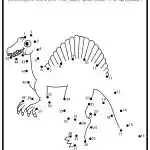 Dot-to-dot dinosaur activity featuring numbered dots on a Spinosaurus outline for children to connect and color. Educational and interactive.