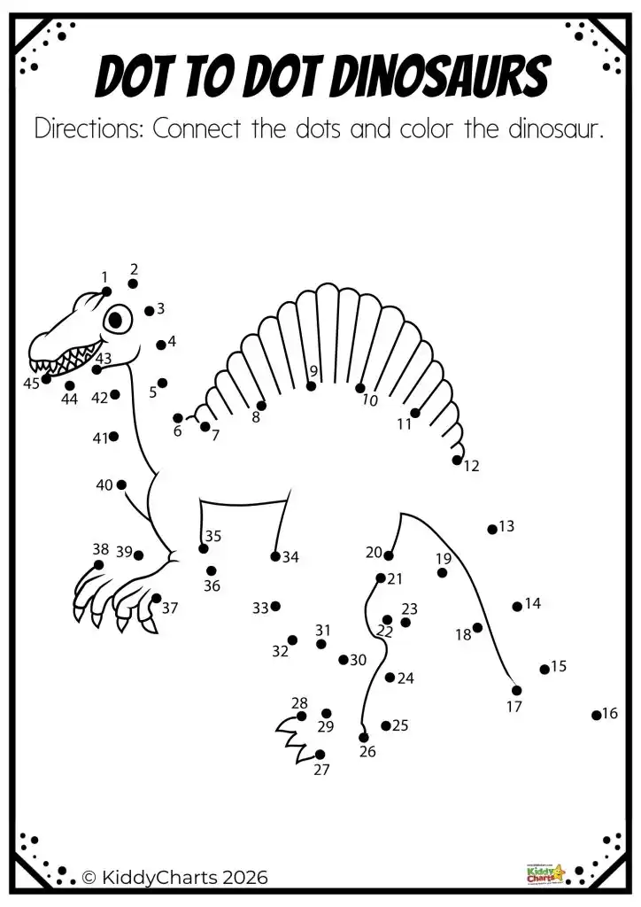 Dot-to-dot dinosaur activity featuring numbered dots on a Spinosaurus outline for children to connect and color. Educational and interactive.