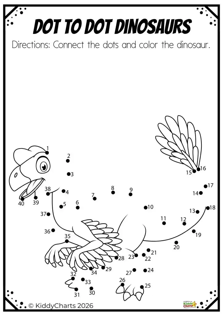This is a dot-to-dot dinosaur activity sheet for children, featuring numbered dots to connect, forming a cartoon dinosaur with wings.