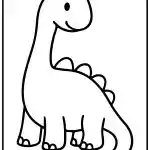 A simple, black-and-white cartoon drawing of a smiling dinosaur with a long neck and spikes on its back, framed with decorative corners.