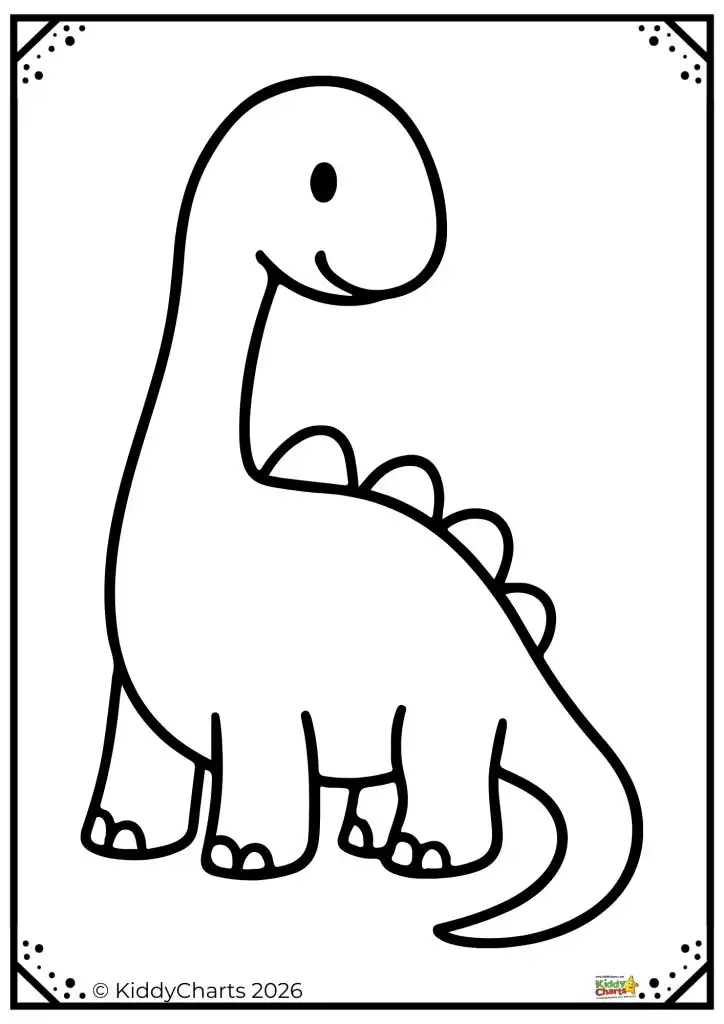 A simple, black-and-white cartoon drawing of a smiling dinosaur with a long neck and spikes on its back, framed with decorative corners.