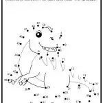 Connect-the-dots dinosaur activity page with numbered dots to outline and color. Includes detailed instructions for children to complete the dinosaur image.