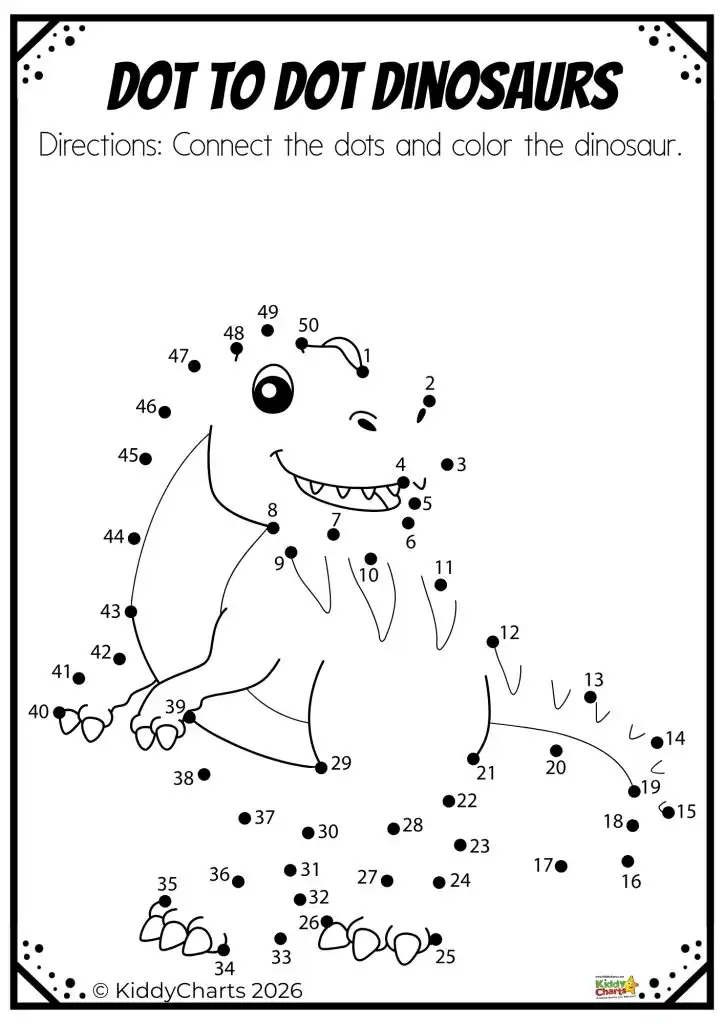 Connect-the-dots dinosaur activity page with numbered dots to outline and color. Includes detailed instructions for children to complete the dinosaur image.