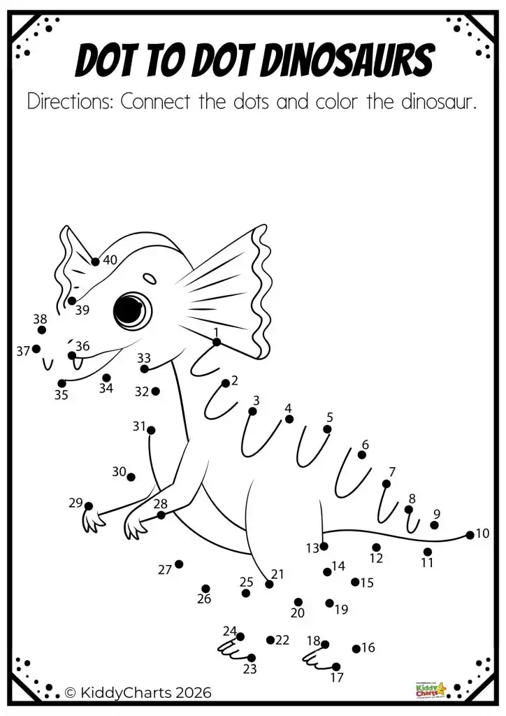 Dot-to-dot dinosaur activity sheet with numbered dots. Instructions invite connecting dots and coloring. Simple, playful design for educational fun.
