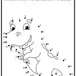 Dot-to-dot dinosaur activity for kids; instructions: connect dots 1-40 and color. Features a smiling cartoon dinosaur mid-page.© KiddyCharts 2026.