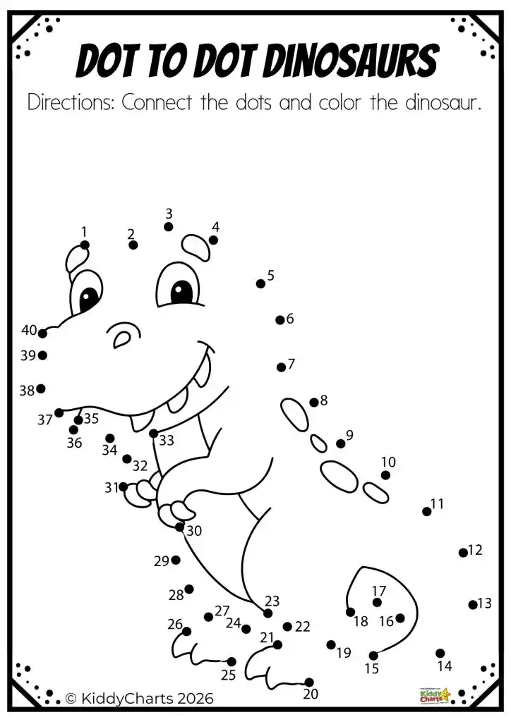 Dot-to-dot dinosaur activity for kids; instructions: connect dots 1-40 and color. Features a smiling cartoon dinosaur mid-page.© KiddyCharts 2026.