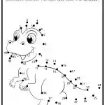 Dot-to-dot activity featuring a cartoon dinosaur. Numbers guide children to connect dots, creating the image for coloring. Playful and educational.