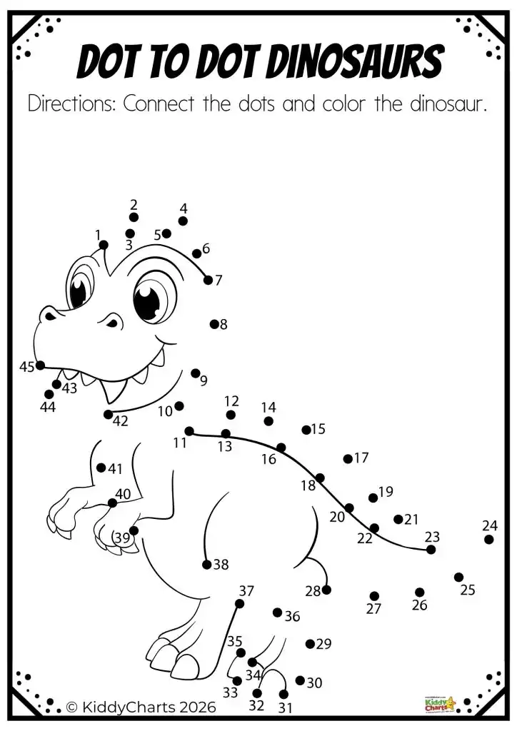 Dot-to-dot activity featuring a cartoon dinosaur. Numbers guide children to connect dots, creating the image for coloring. Playful and educational.