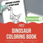 Free dinosaur coloring book advertisement featuring a dinosaur illustration. Includes a "Download Now" button, puzzle pieces, and toy dinosaur. Fun for kids.