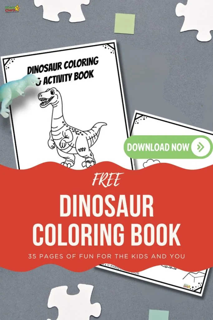 Free dinosaur coloring book advertisement featuring a dinosaur illustration. Includes a "Download Now" button, puzzle pieces, and toy dinosaur. Fun for kids.
