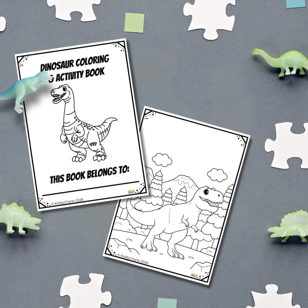 Two dinosaur coloring pages on a grey surface, surrounded by puzzle pieces and small dinosaur toys, labeled "Dinosaur Coloring Activity Book."