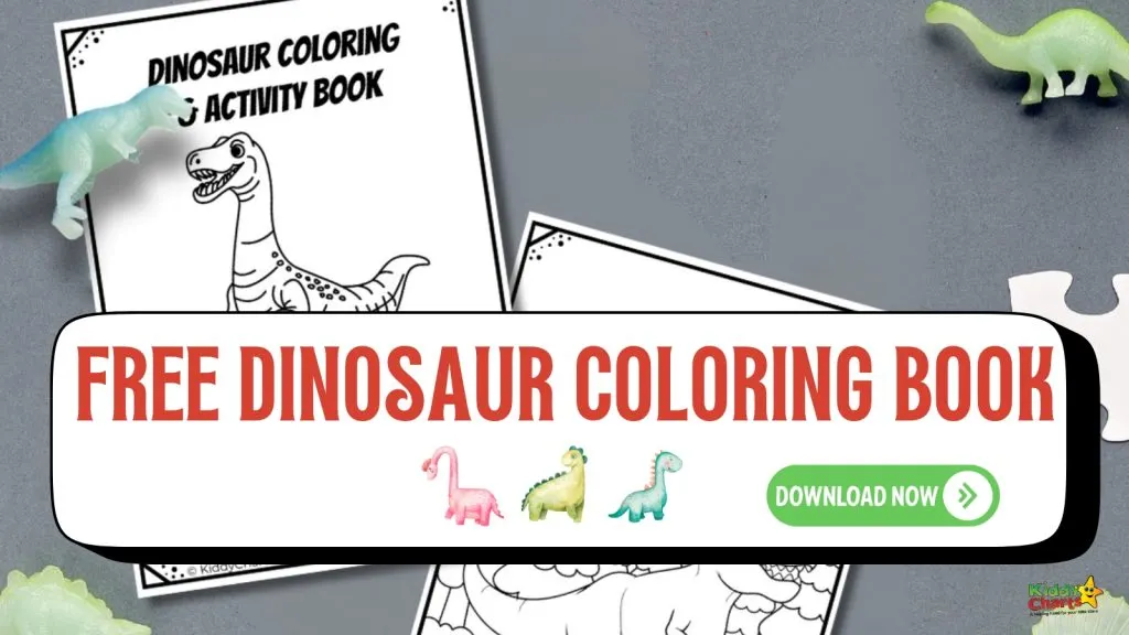The image shows a free dinosaur coloring book with cartoon dinosaurs, toy dinosaurs, and a "Download Now" button on a gray background.