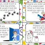 Four colorful cards with imaginative prompts featuring animals, superpowers, a hidden door, and talking to animals, designed to encourage creative thinking.