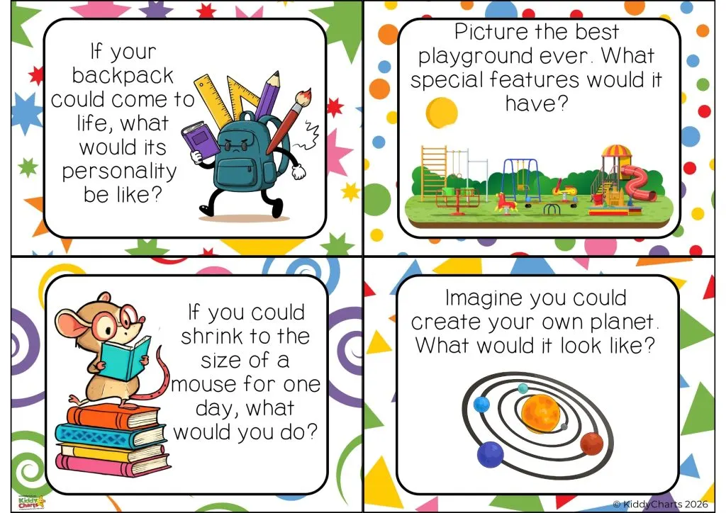 The image features four imaginative prompts about backpacks, playgrounds, shrinking to mouse size, and creating planets. Colorful backgrounds enhance the playful theme.