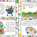 The image features four imaginative prompts about backpacks, playgrounds, shrinking to mouse size, and creating planets. Colorful backgrounds enhance the playful theme.