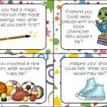 Colorful cards with imaginative prompts and illustrations: magic paintbrush, turtle with books, sports equipment, and talking shoes. Creative conversation starters for children.