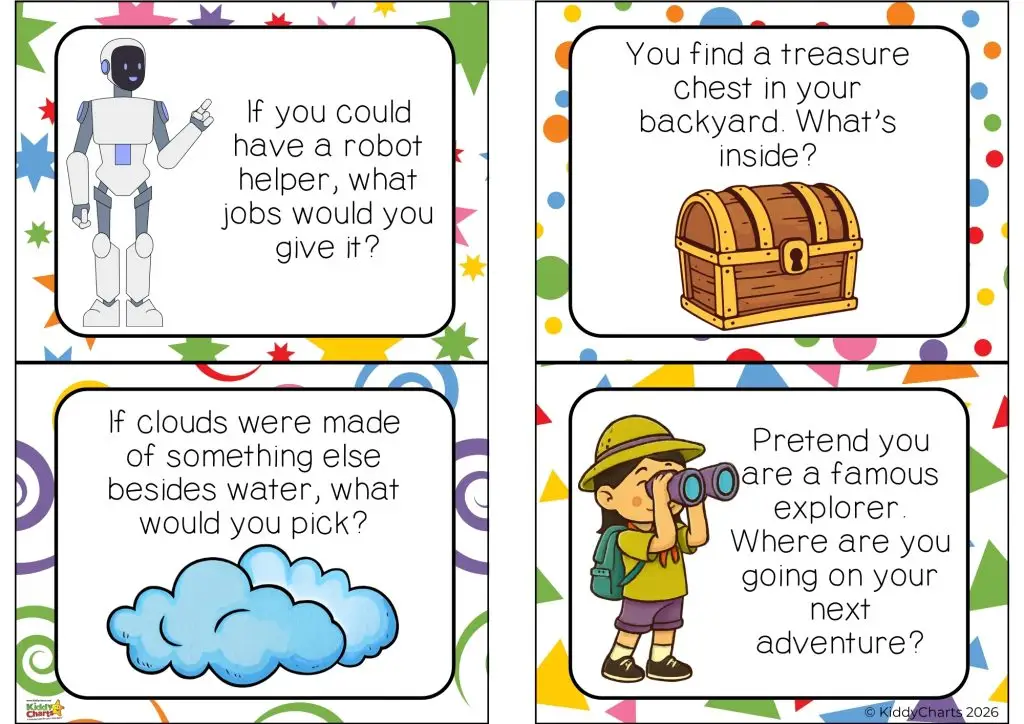 Four colorful thought-provoking cards feature a robot, treasure chest, cloud, and explorer with questions encouraging imaginative responses and creative thinking.