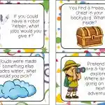 Four colorful thought-provoking cards feature a robot, treasure chest, cloud, and explorer with questions encouraging imaginative responses and creative thinking.