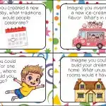 Colorful prompts feature a calendar, ice cream truck, flying child, and house, sparking creativity about holidays, flavors, travel, and dream homes.
