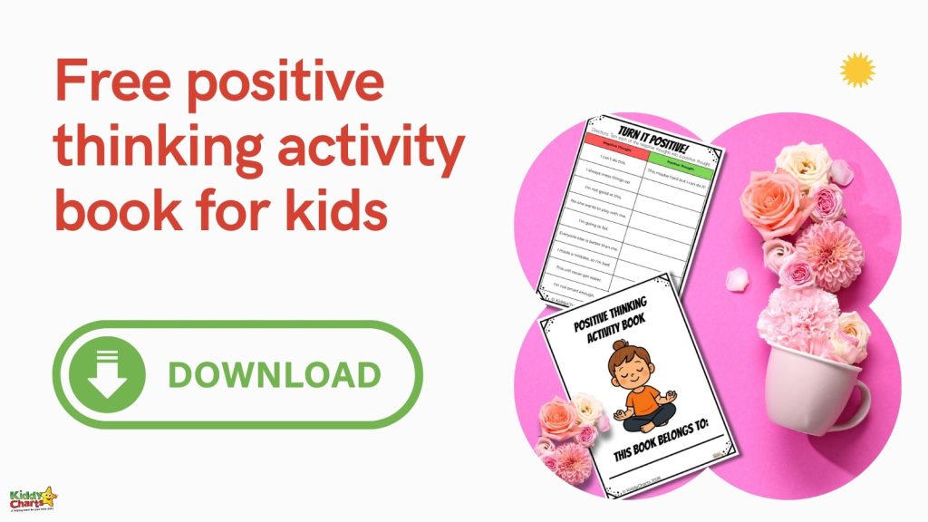 Colorful promotional image for a free positive thinking activity book for kids. Includes flowers, a download button, and cheerful graphics on a pink background.