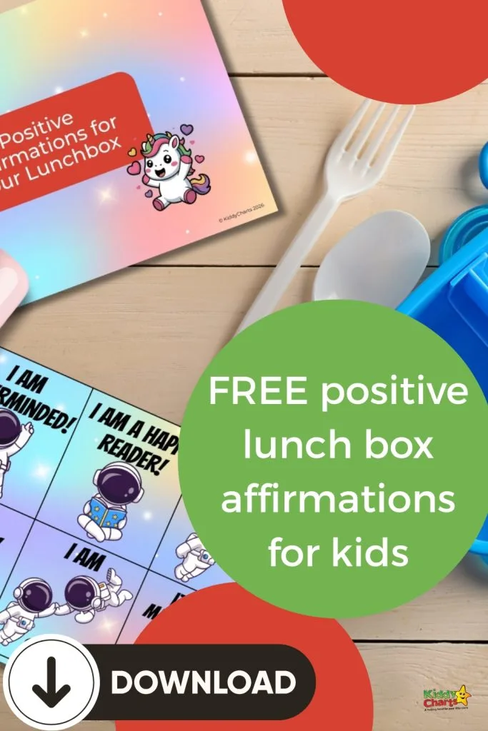 Colorful image promoting free positive lunchbox affirmations for kids. Features cute unicorn and astronaut illustrations, plastic fork, spoon, and lunchbox.