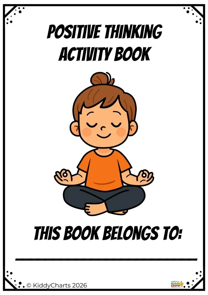 Illustrated cover of a "Positive Thinking Activity Book" featuring a meditating child. Space provided for the owner's name. Copyright KiddyCharts 2026.