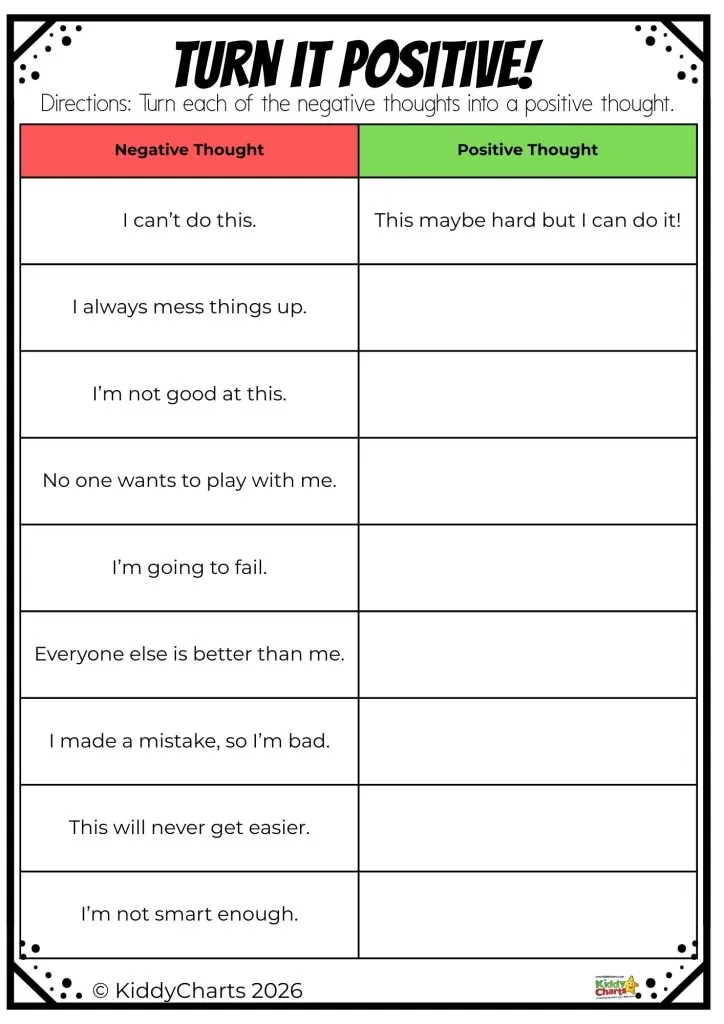 A chart titled "Turn It Positive!" lists negative thoughts with spaces for positive alternatives alongside each. Copyright KiddyCharts 2026.