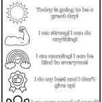 A motivational worksheet features positive affirmations with illustrations: sun, muscle, rainbow, thumbs-up, and celebrating figure to encourage self-belief and positivity.