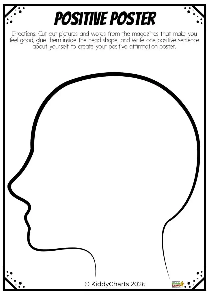 Outline of a head for creating a positive affirmation poster, encouraging cut-out positive words and pictures from magazines.