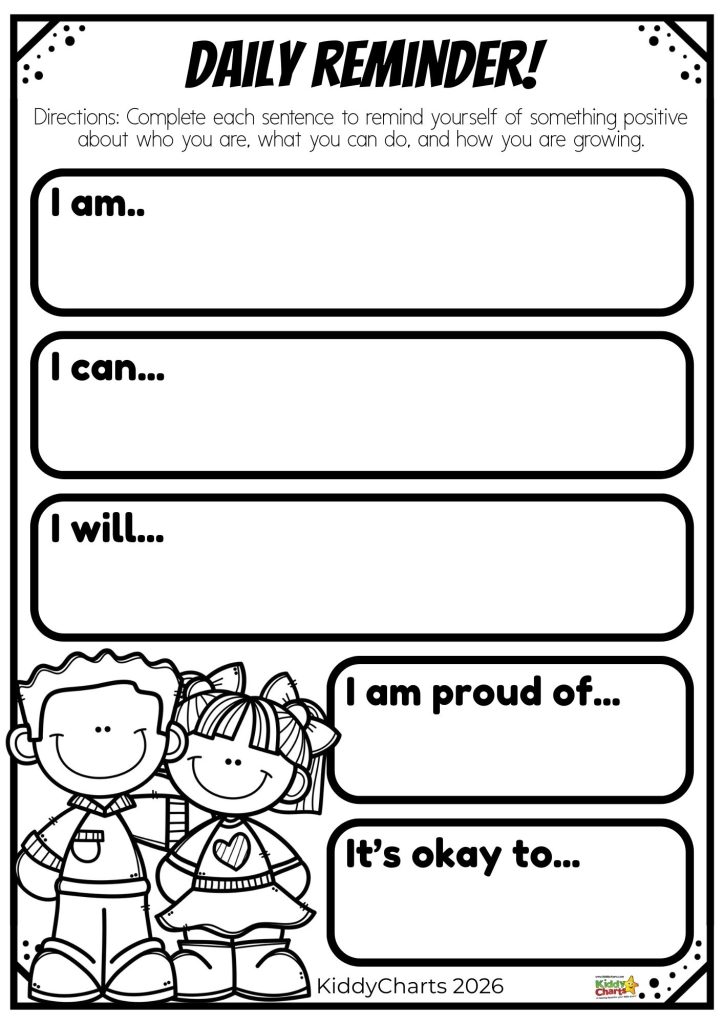 Worksheet titled "Daily Reminder" with prompts for self-reflection. Features cartoon children and spaces for positive affirmations and goals.