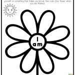 Black-and-white flower illustration with a sun, labeled "I am." Instructions encourage writing positive self-descriptions in each petal.