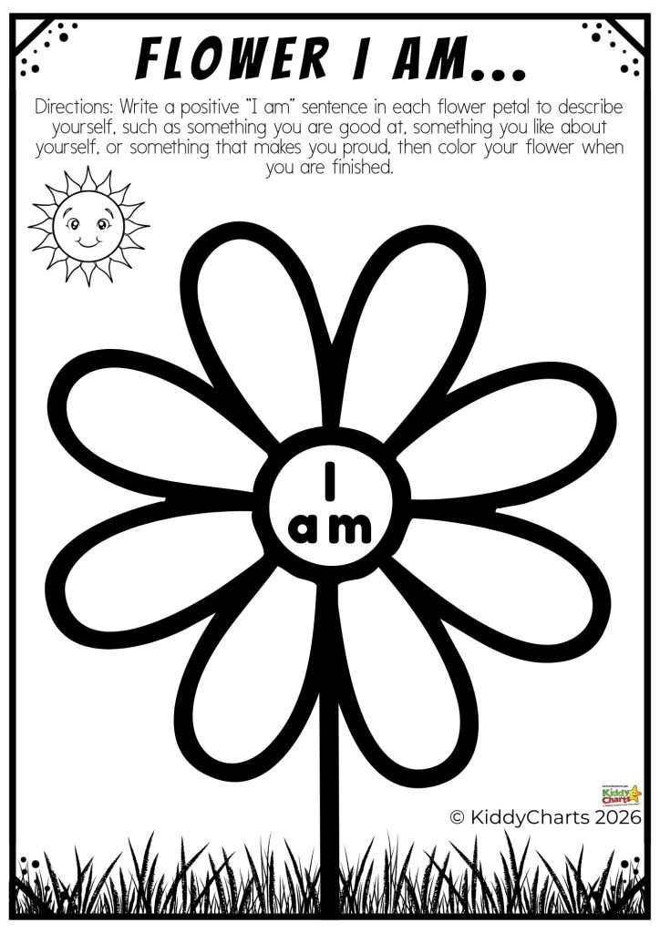 Black-and-white flower illustration with a sun, labeled "I am." Instructions encourage writing positive self-descriptions in each petal.