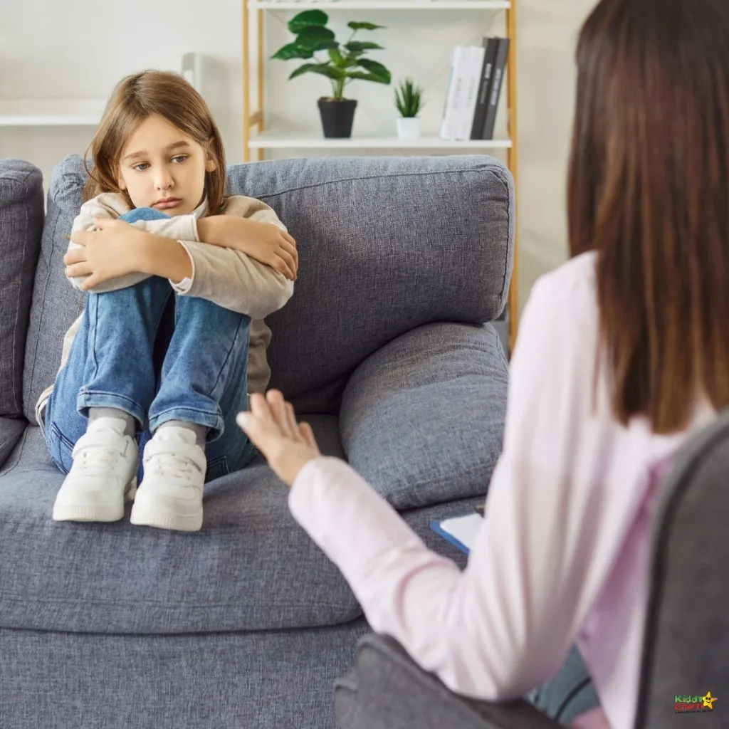 A child sits on a couch, looking thoughtful, as a person gestures beside them in a cozy, book-filled room.