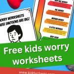 Colorful advertisement for free kids worry worksheets featuring emotion chart, colored pencils, heart balloon, and download option from kiddycharts.com.