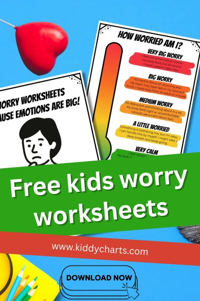 Colorful advertisement for free kids worry worksheets featuring emotion chart, colored pencils, heart balloon, and download option from kiddycharts.com.