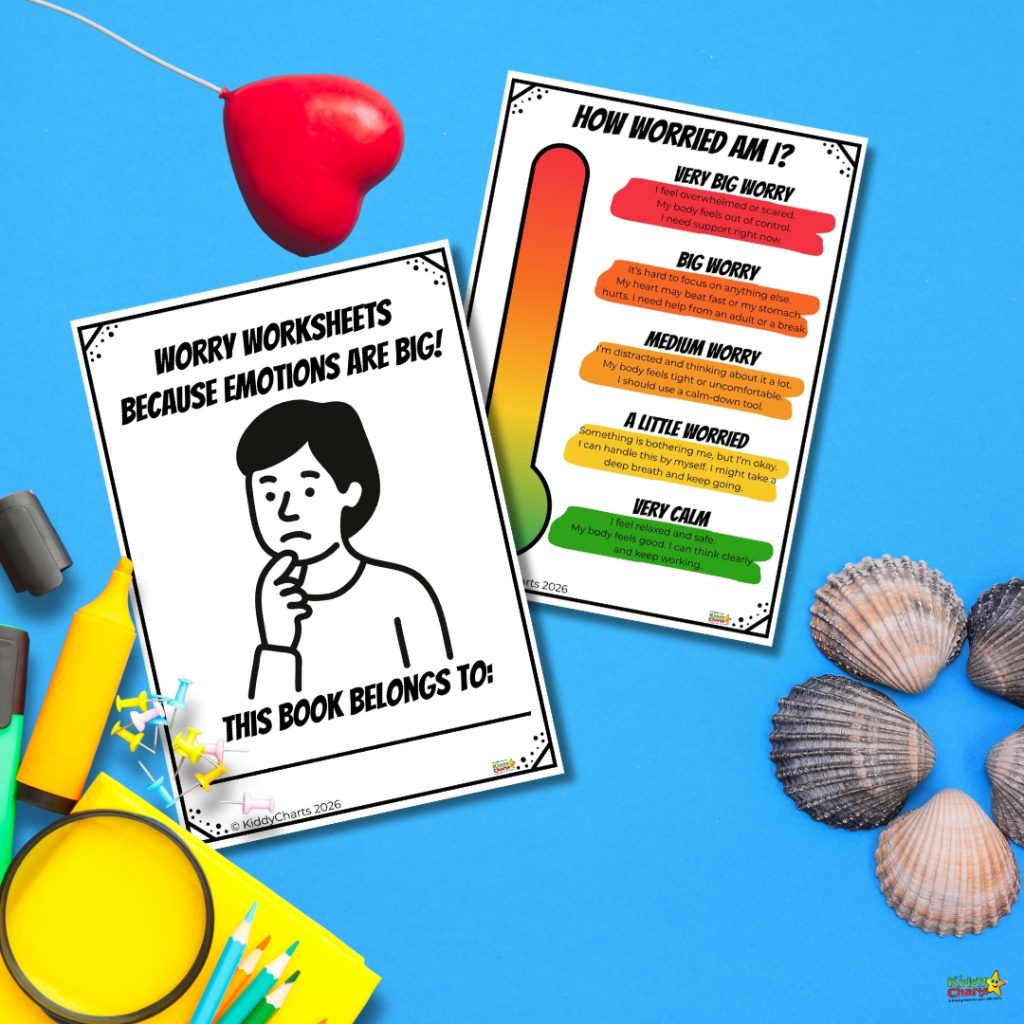 Two worry worksheets on a blue surface, accompanied by seashells, push pins, colored pencils, black markers, and a toy heart balloon.