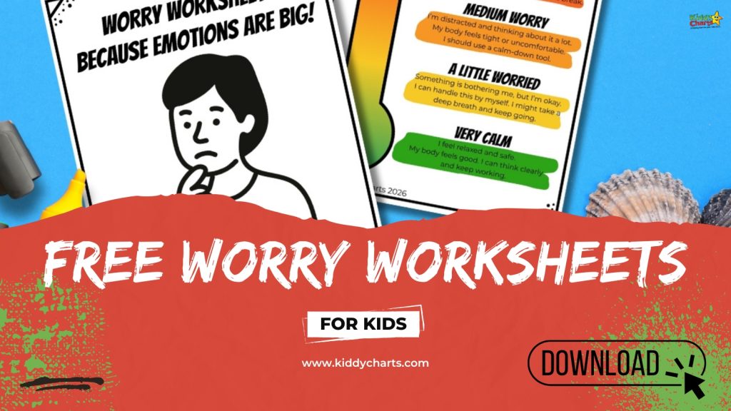 Illustrated worry worksheets for kids, offering emotional management tips. Features colorful sections, a concerned person drawing, and a seashell backdrop. Download available.