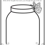Illustration of a "Worry Jar" with instructions, featuring a butterfly and floral decorations. Designed to help manage daily worries.