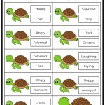 Colorful worksheet featuring turtles with various emotions like happy, sad, and angry. Instructions for choosing and drawing emotions included.