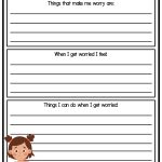 A worry plan worksheet for kids with sections to write about worries, feelings, and coping strategies. Includes an illustration of a concerned child.