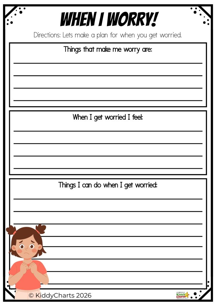 A worry plan worksheet for kids with sections to write about worries, feelings, and coping strategies. Includes an illustration of a concerned child.