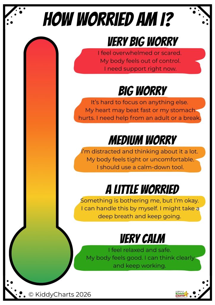 A colorful chart titled "How Worried Am I?" shows worry levels from "Very Big Worry" to "Very Calm."
