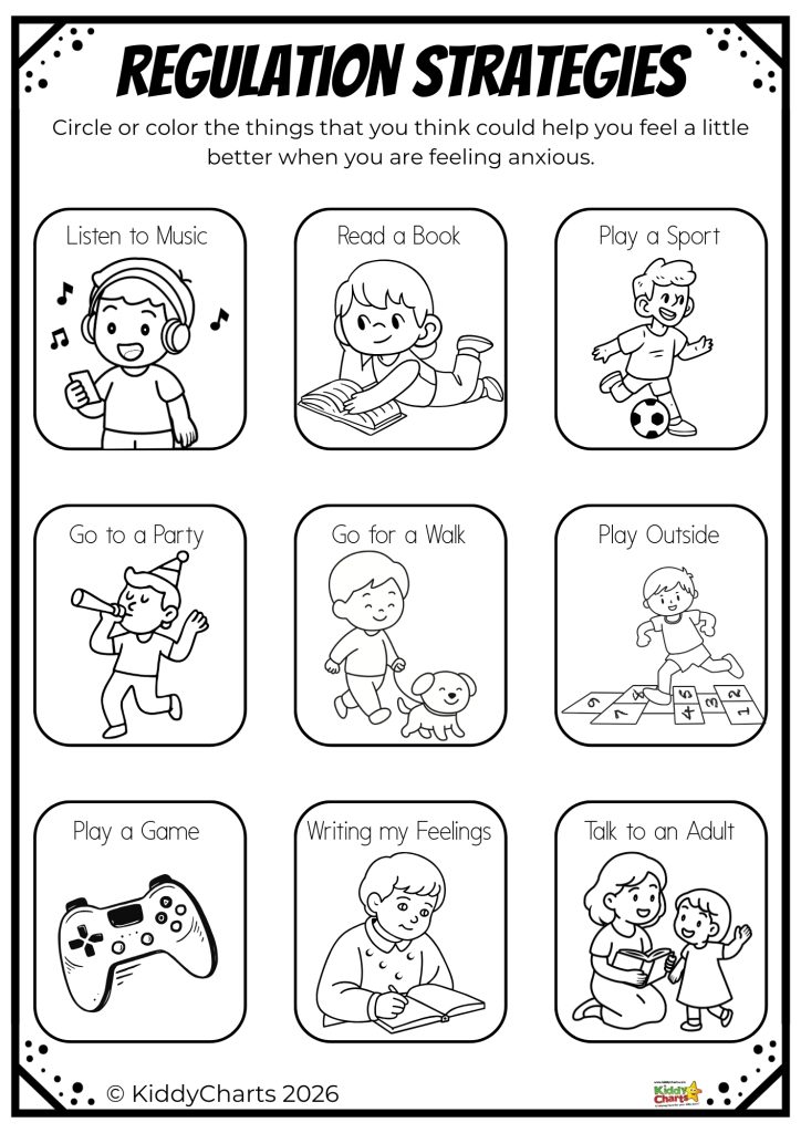 A chart titled "Regulation Strategies" with illustrations of activities: listening to music, reading, sports, walking, games, writing, talking to an adult.